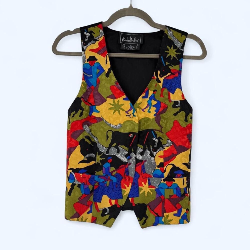 Nicole Miller Matador Print 100% Silk Novelty Art Abstract Colorful Rare Vest 93